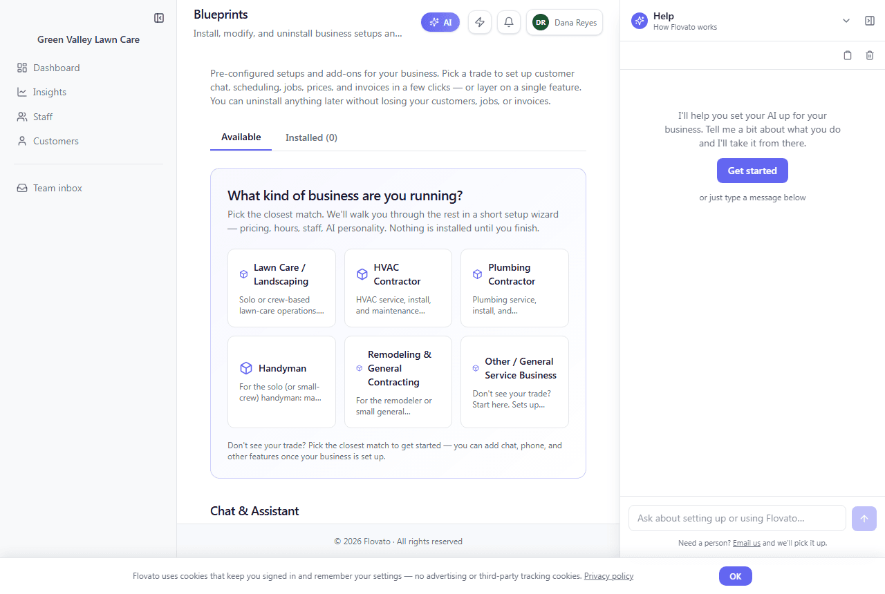 The Blueprints page asking What kind of business are you running, with Lawn Care, HVAC, Plumbing, Handyman, Remodeling and Other listed