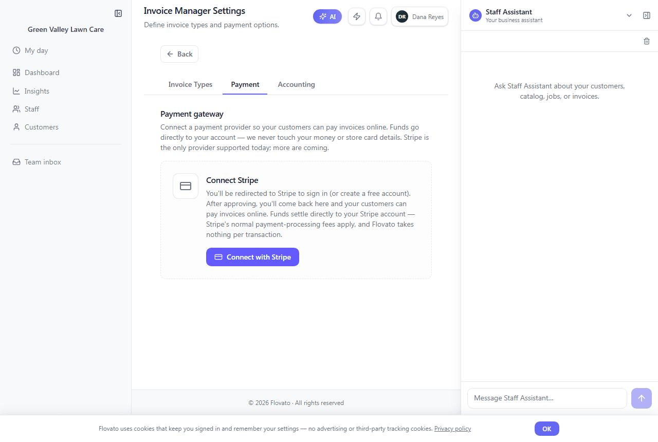 Invoice settings, Payment tab, with the Connect with Stripe button and an explanation that funds settle directly to your Stripe account