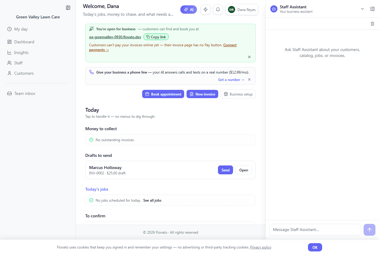 The dashboard after going live: You're open for business with the web address and a Copy link button