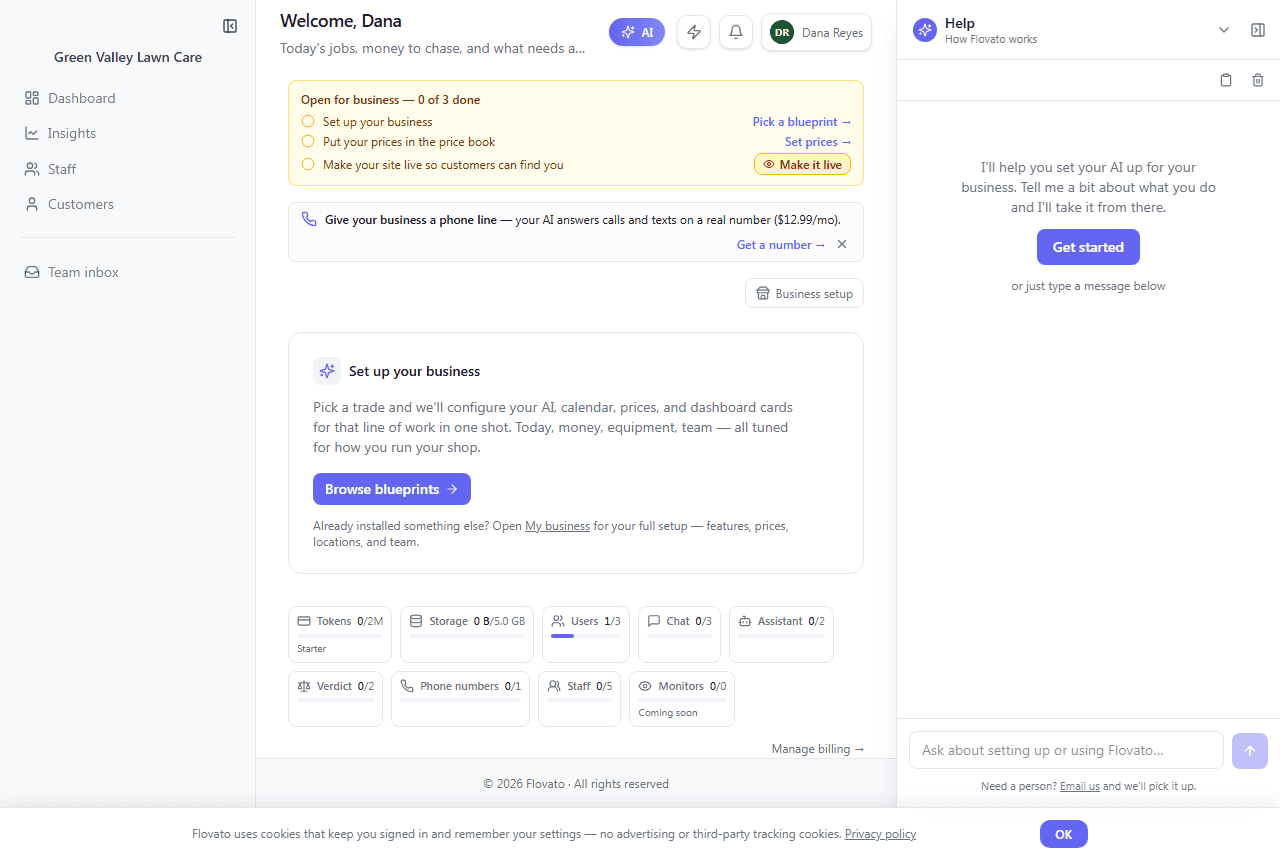 A new dashboard with the Open for business checklist at 0 of 3 done — Pick a blueprint, Set prices, Make it live — and a Get a number card below