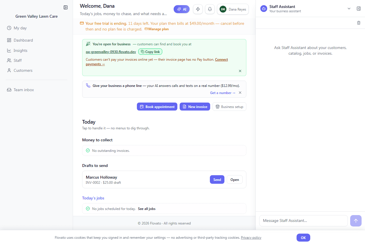 The dashboard with the trial banner reading Your free trial is ending, 11 days left, plan then bills at $49.00/month, with a Manage plan link