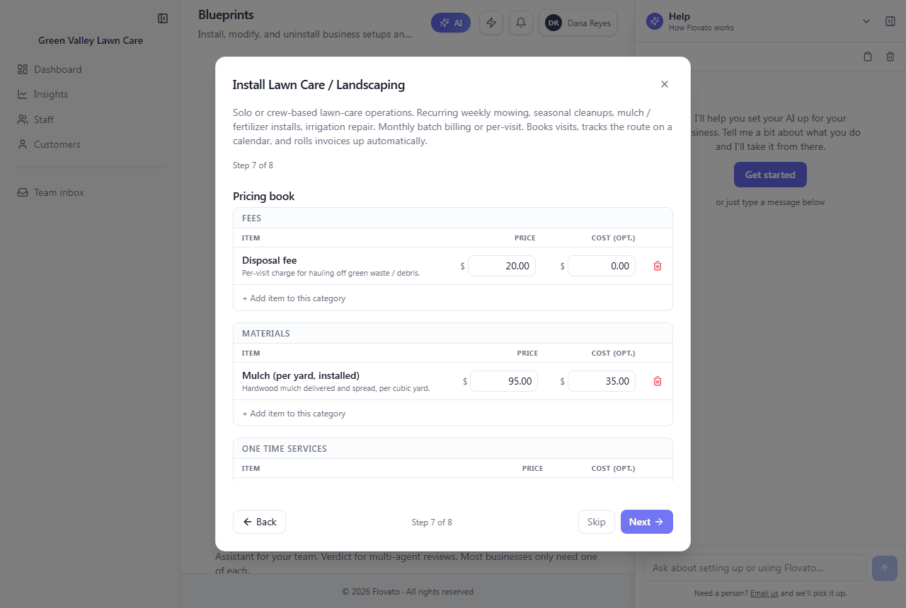 Wizard step 7 of 8, the lawn-care pricing book with fees, materials, one-time services and recurring services, each with a price and optional cost