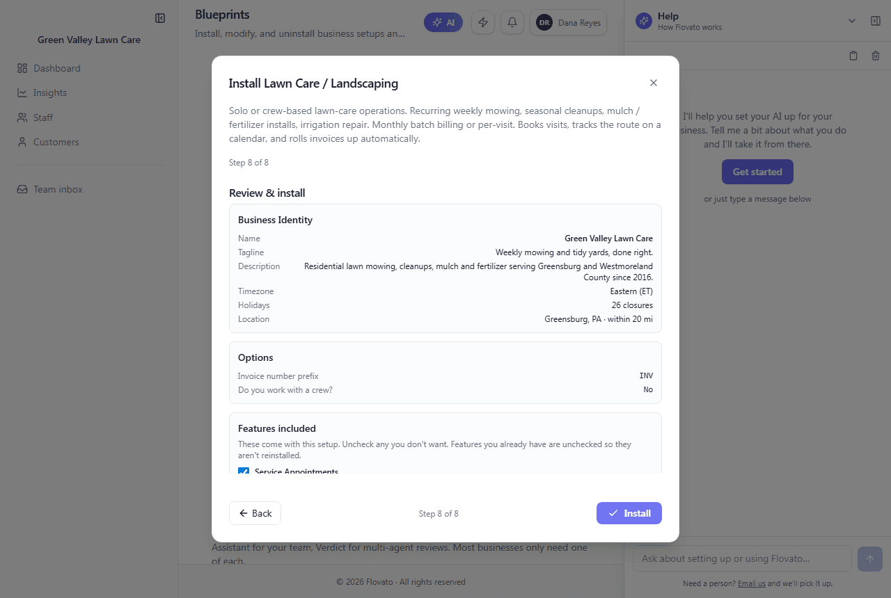 Wizard step 8 of 8, Review & install, listing the business details and the three included features with checkboxes