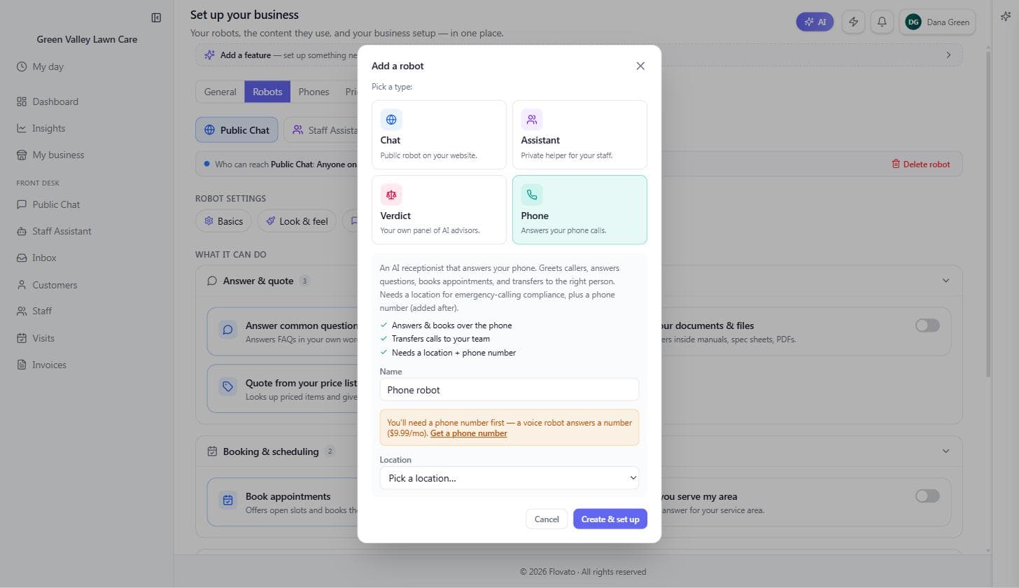 The Add a robot dialog with the Phone type selected, showing what the AI receptionist does, a name field, and the amber note that a phone number is needed first