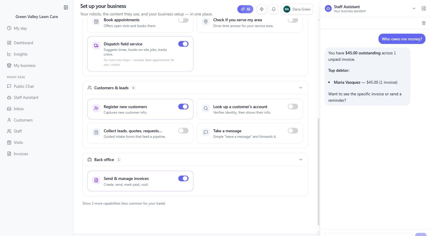 The Staff Assistant's Back office group with the Send & manage invoices switch on — create, send, mark paid, void — while the docked Assistant answers a money question alongside