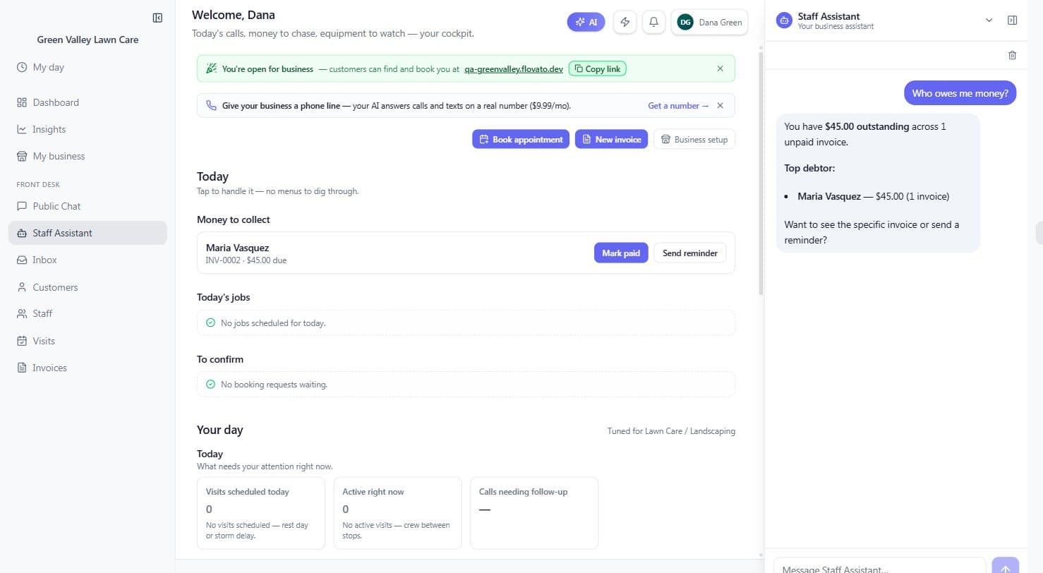 The dashboard with Maria Vasquez's unpaid invoice under Money to collect, and the docked Staff Assistant answering Who owes me money with the outstanding total, top debtor, and an offer to send a reminder