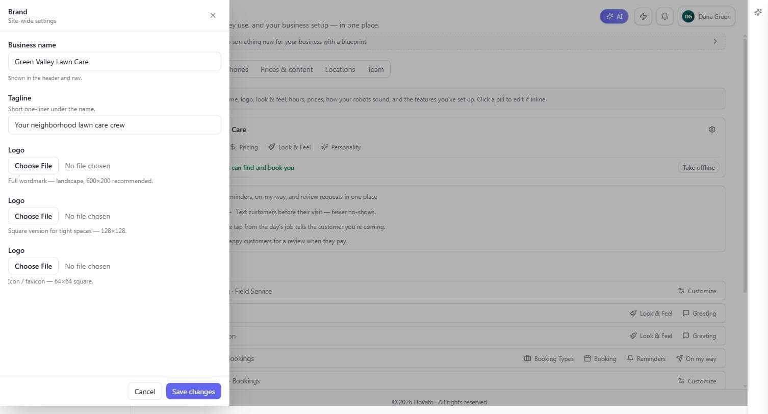 The Brand editor with business name, tagline, and three logo upload slots with recommended sizes