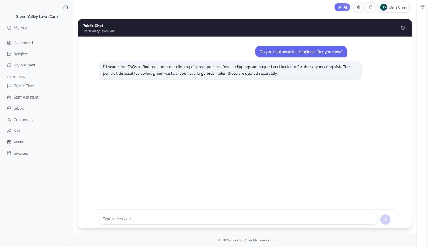 Public Chat answering the clippings question with the exact knowledge-card answer, opening with I'll search our FAQs