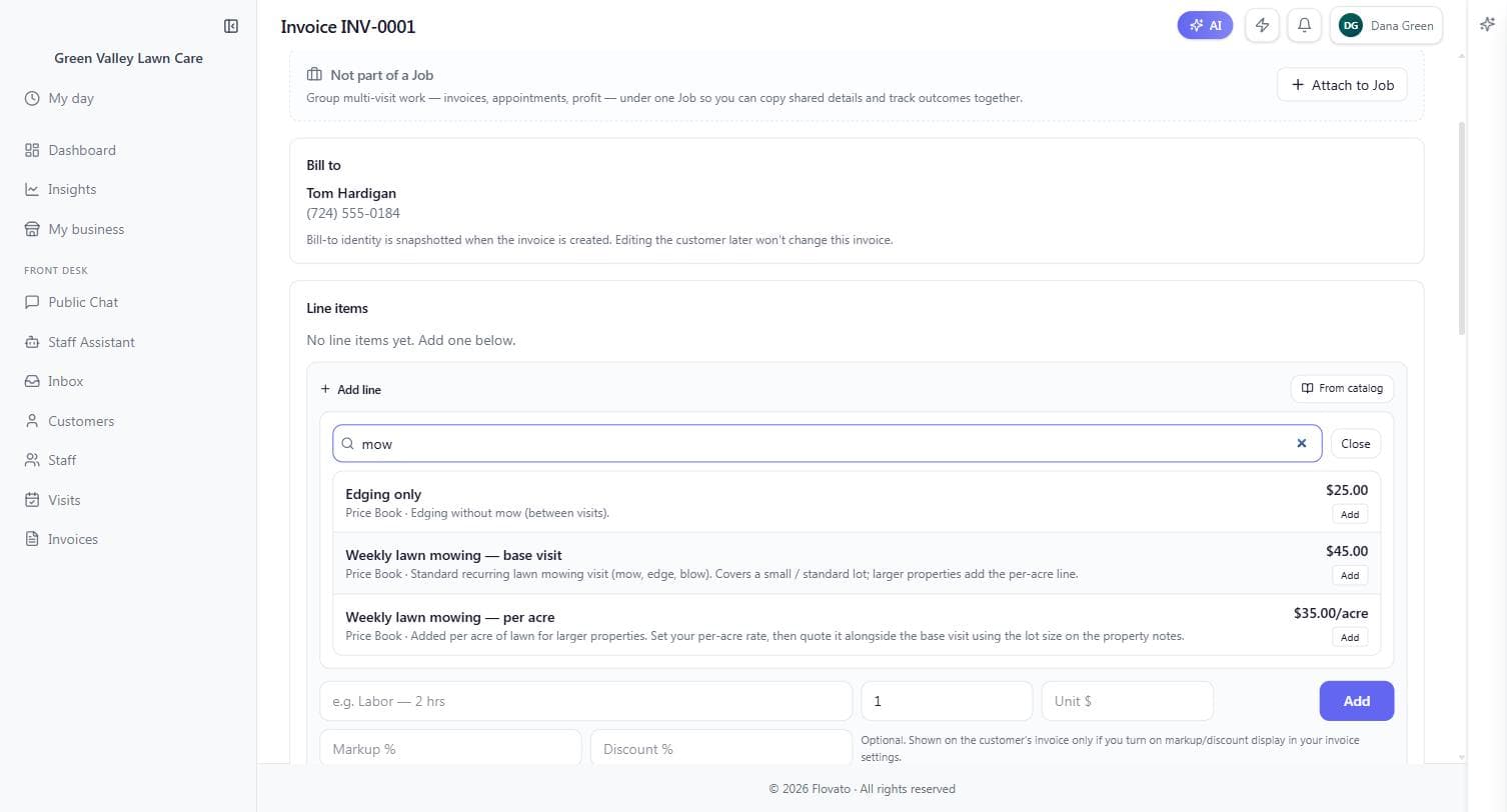 The From-catalog search inside an invoice showing priced price-book items — edging, weekly mowing base visit, and per-acre — each with an Add button