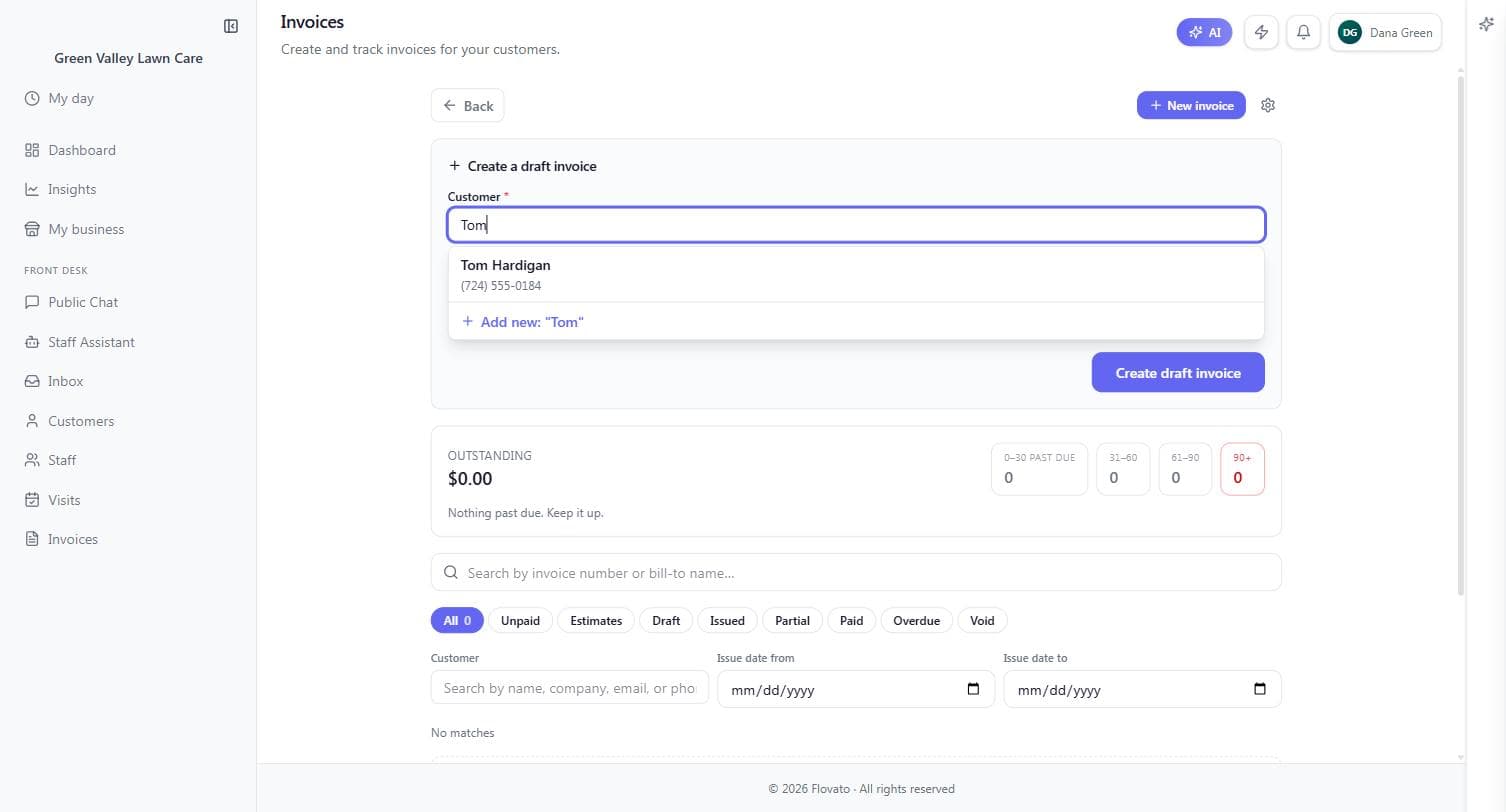 The create-a-draft-invoice form with Tom Hardigan found in the customer search and an Add-new option below the search box