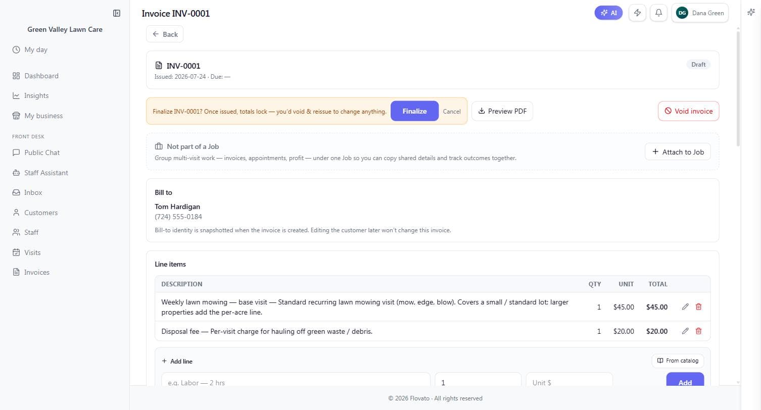 The inline finalize confirmation on a draft invoice warning that totals lock once issued, with Finalize and Cancel side by side