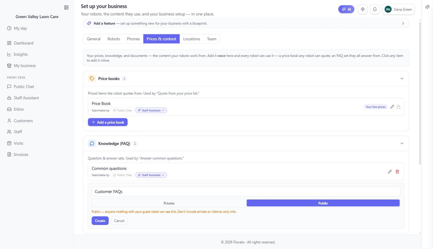 The Add-a-knowledge-set form with the name Customer FAQs, the Public option selected, and the amber warning that anyone chatting with the guest robot can see it