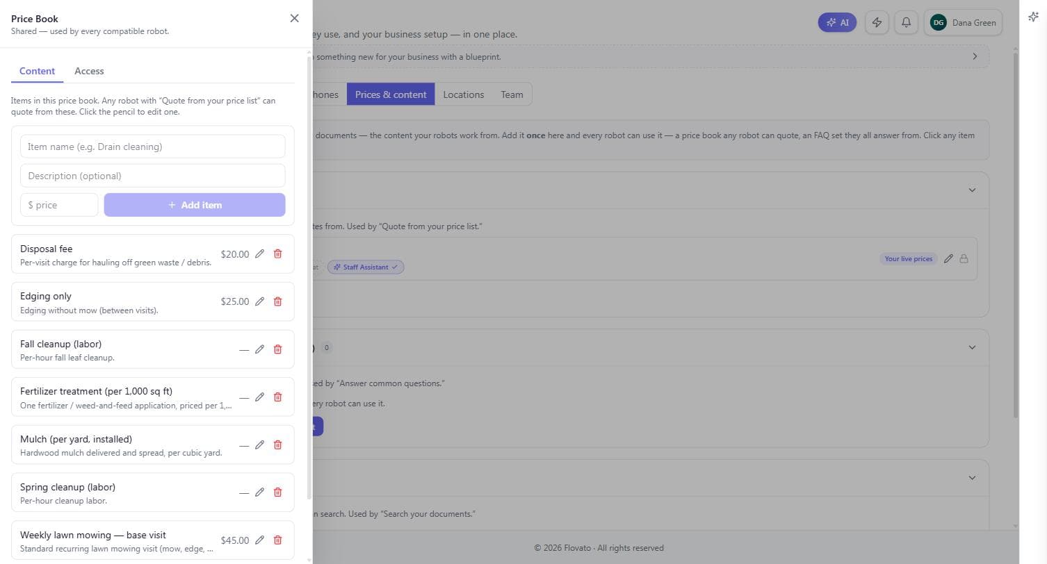 The Price Book editor with an add-item form and the full item list, each line with edit and delete controls