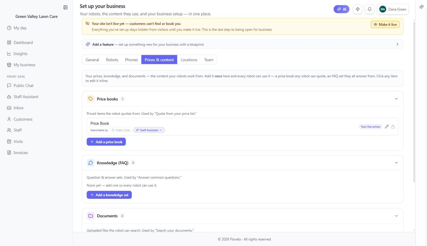 My business Prices & content tab showing the Price Book marked 'Your live prices', plus Knowledge (FAQ) and Documents sections