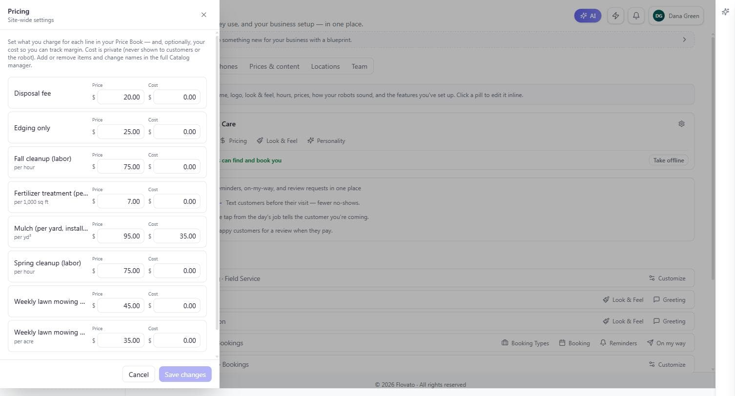 The Pricing editor listing every price book line with editable price and private cost columns