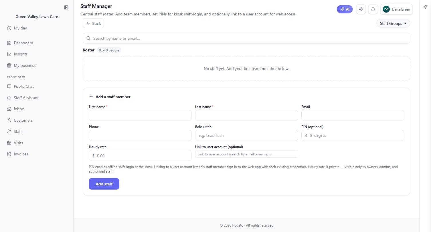 The Staff Manager's add-a-staff-member form with name, phone, role/title, optional PIN, private hourly rate, and optional link to a user account
