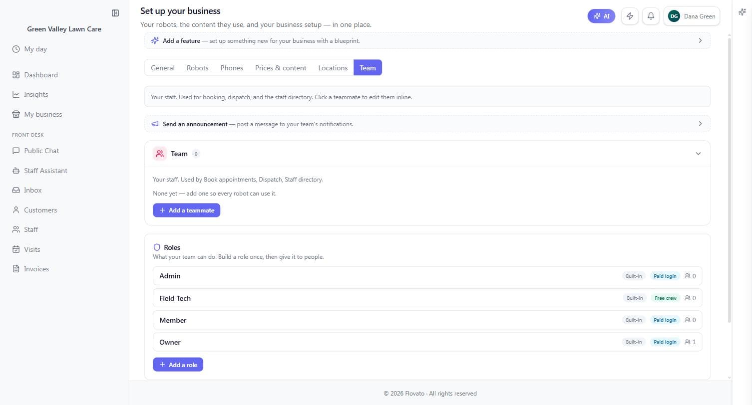 My business Team tab showing the staff roster area and built-in roles — Admin, Field Tech marked Free crew, Member, and Owner