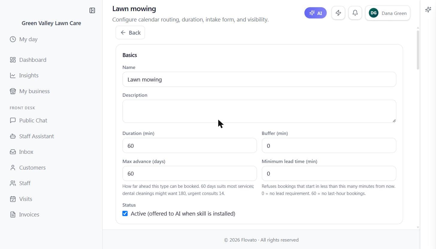The Lawn mowing appointment type configuration page showing name, 60-minute duration, and booking settings