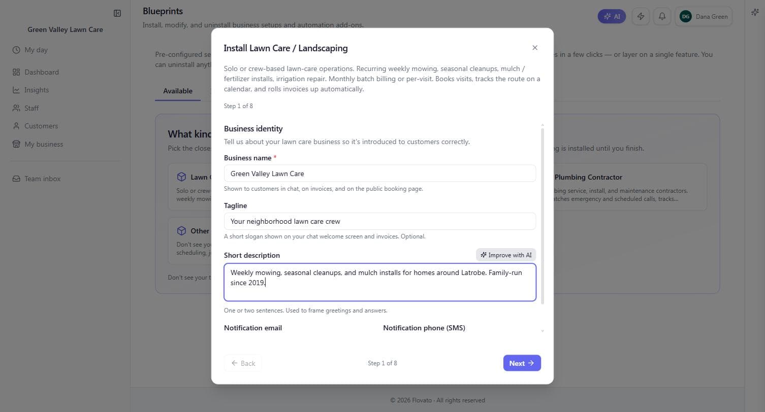 Wizard step 1 of 8, Business identity: business name Green Valley Lawn Care, tagline, and short description filled in, with the Improve with AI button