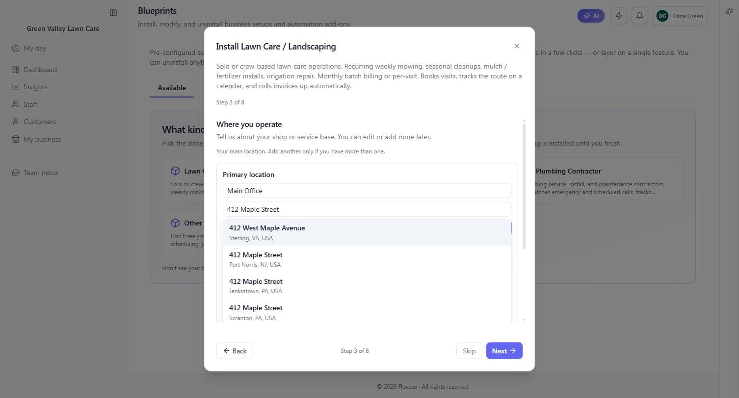 Wizard step 3 of 8, Where you operate: typing a street address shows live address suggestions to pick from
