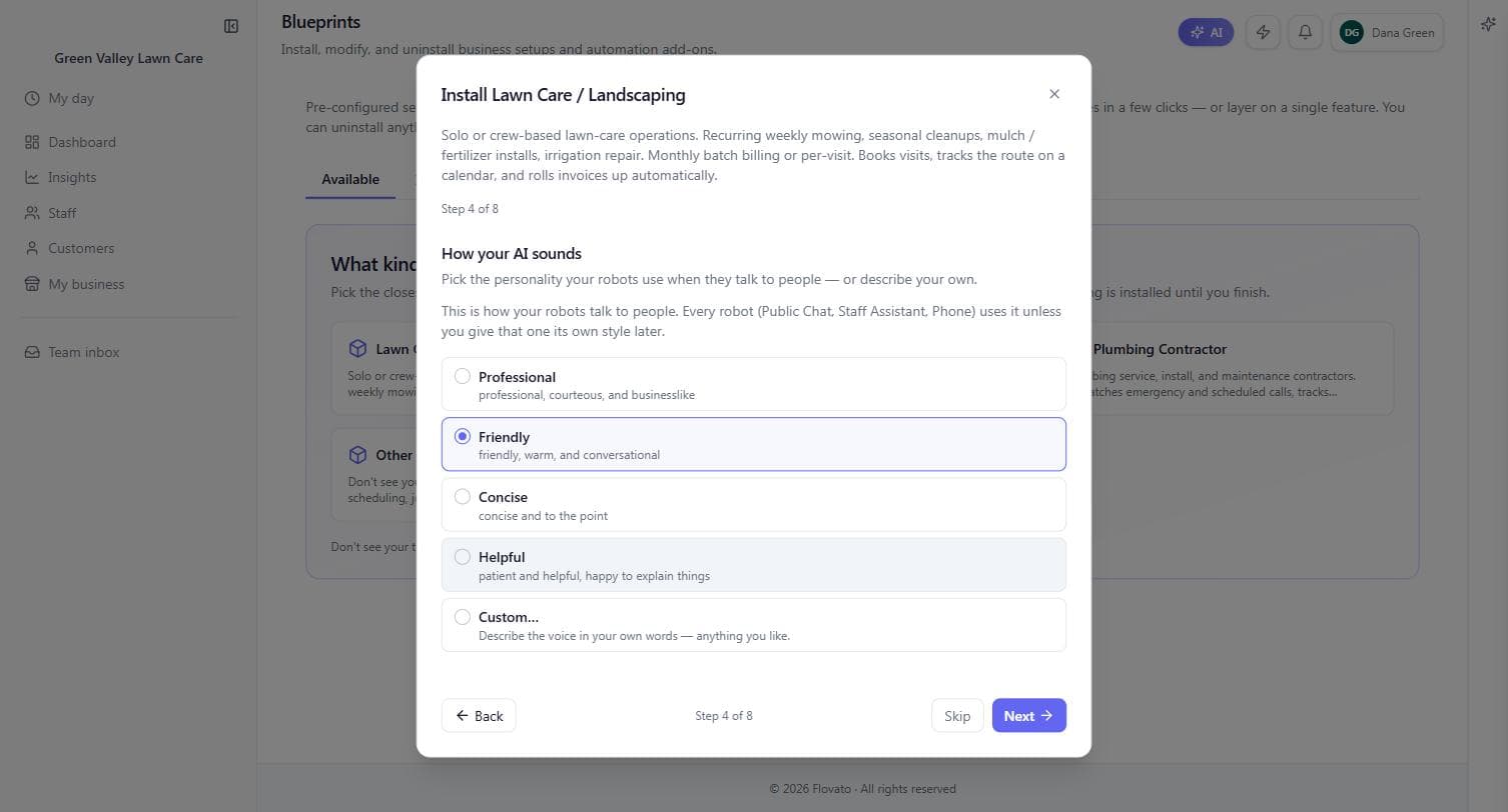 Wizard step 4 of 8, How your AI sounds: Professional, Friendly (selected), Concise, Helpful, and Custom options