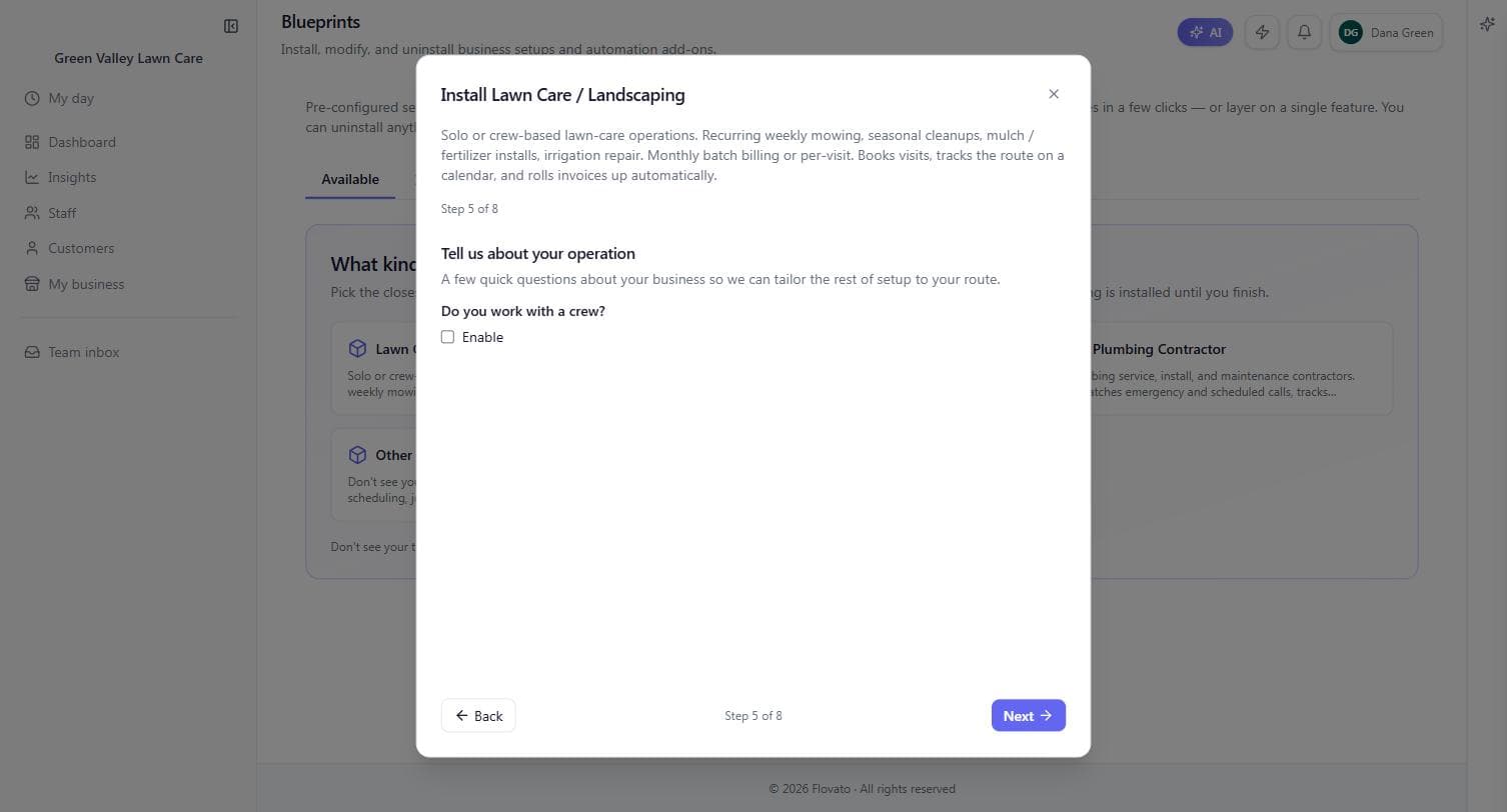 Wizard step 5 of 8, Do you work with a crew? with an Enable checkbox