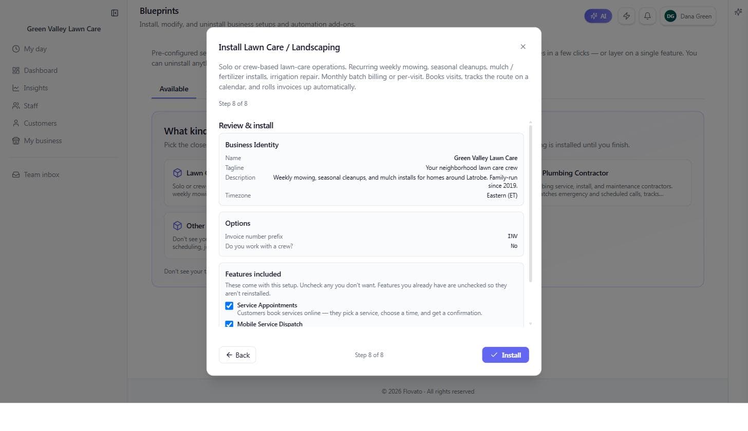Wizard step 8 of 8, Review & install: business identity playback, options, and the Features included checklist above the Install button