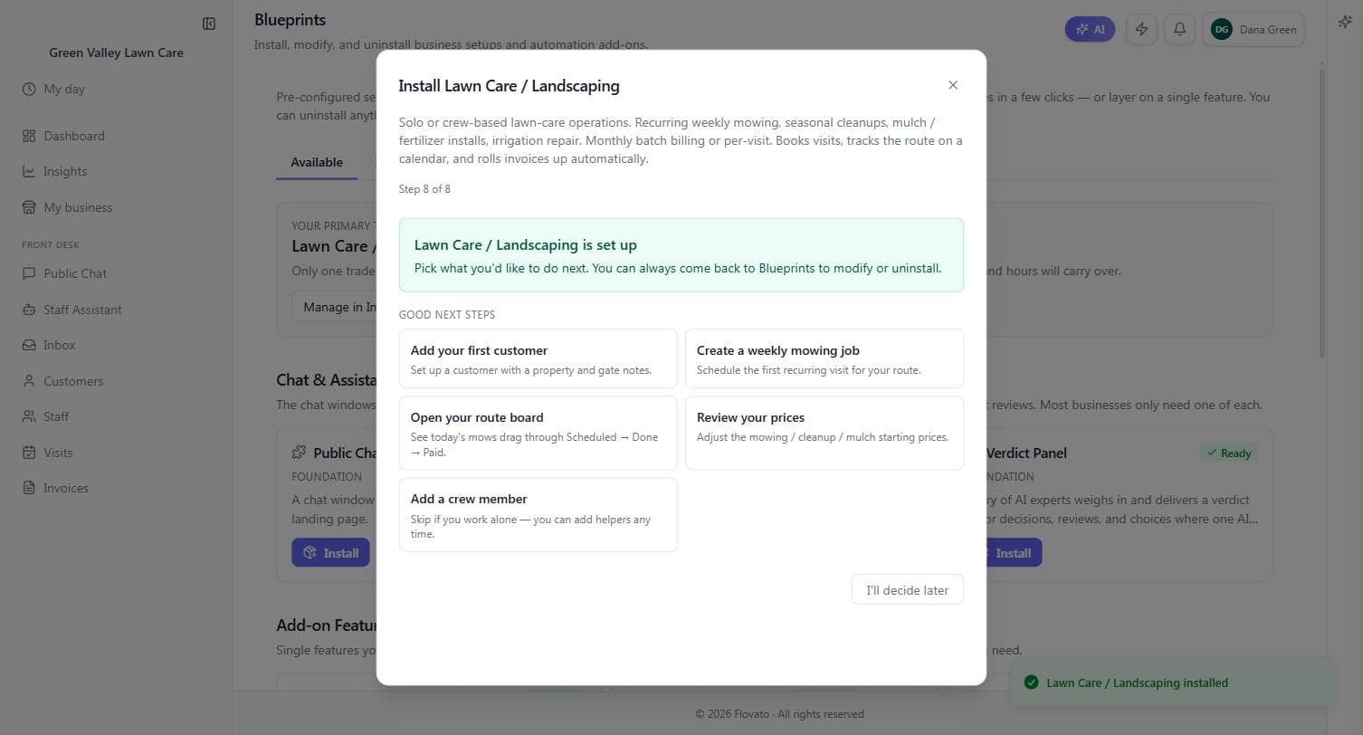 The wizard success screen: Lawn Care / Landscaping is set up, with Good next steps cards like add your first customer and review your prices